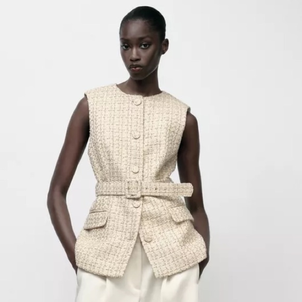 Zara Beige Tweed Belted Sleeveless Vest
